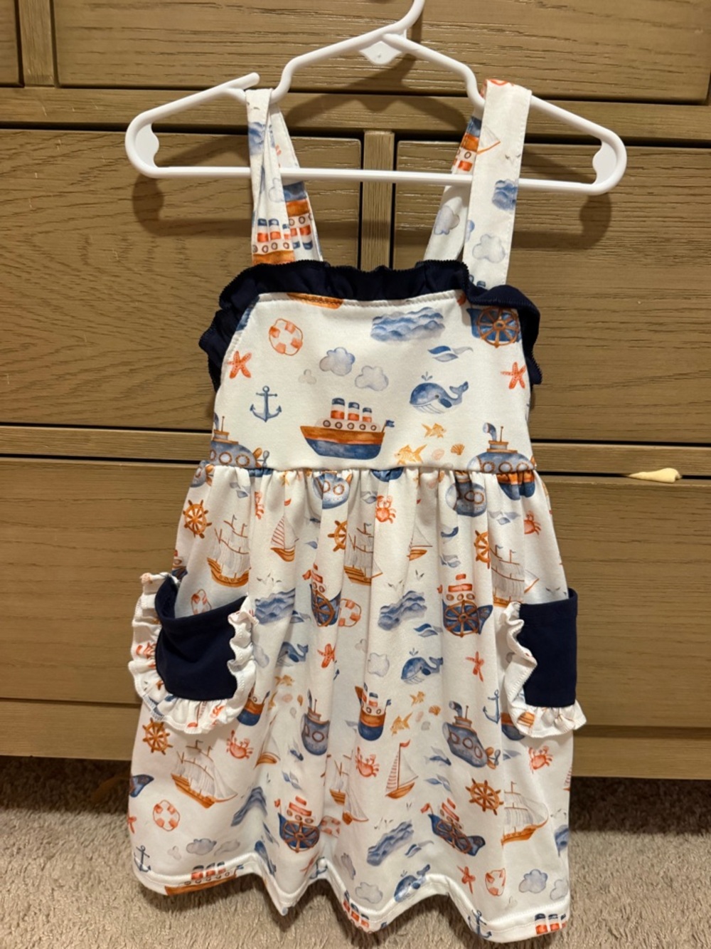 Nautical Print Girls' Casual Sundress - White & Navy